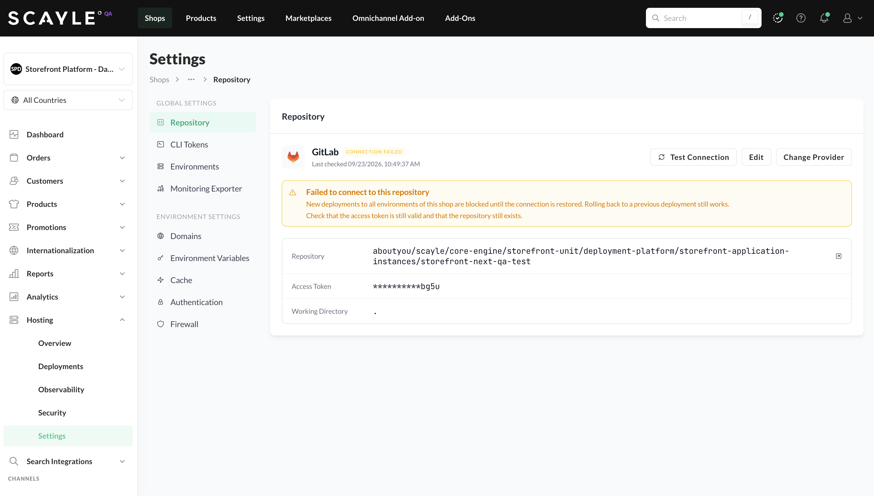 Repository page in the SCAYLE Panel showing GitHub provider with a yellow CONNECTION FAILED badge, a warning banner explaining that deployments are blocked, and the repository details below